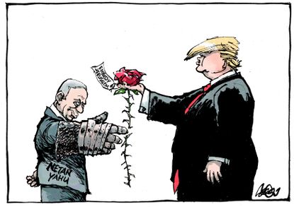 Political cartoon U.S. Trump Jerusalem embassy Netanyahu iron fist Gaza deaths