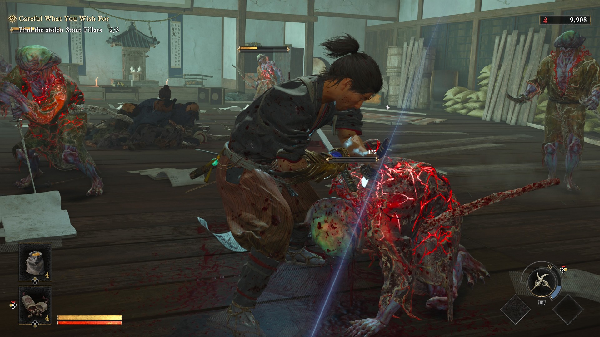 Musashi stabs a falled genma in the back in Onimusha: Way of the Sword
