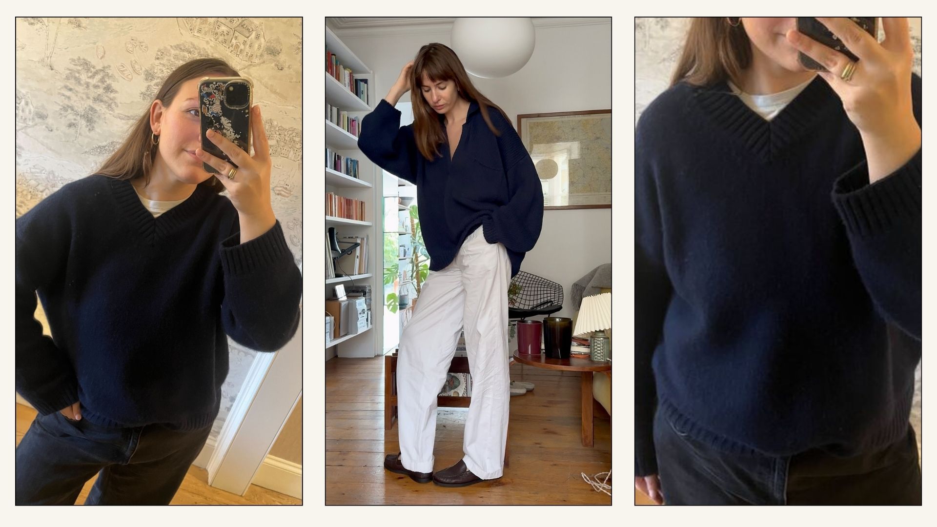 Collage of Poppy Nash and Lizzy Hadfield wearing navy v-neck jumpers with jeans.