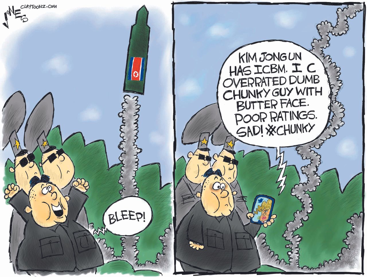 Political cartoon U.S. Kim Jong Un missiles Trump tweets