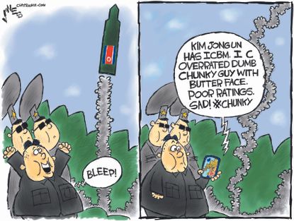 Political cartoon U.S. Kim Jong Un missiles Trump tweets