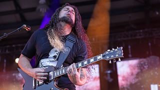 Claudio Sanchez of Coheed and Cambria performs at Skyla Credit Union Amphitheatre on August 17, 2024 in Charlotte, North Carolina. 
