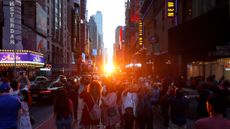 Crowds of people in Times Square with the sun setting between the buildings