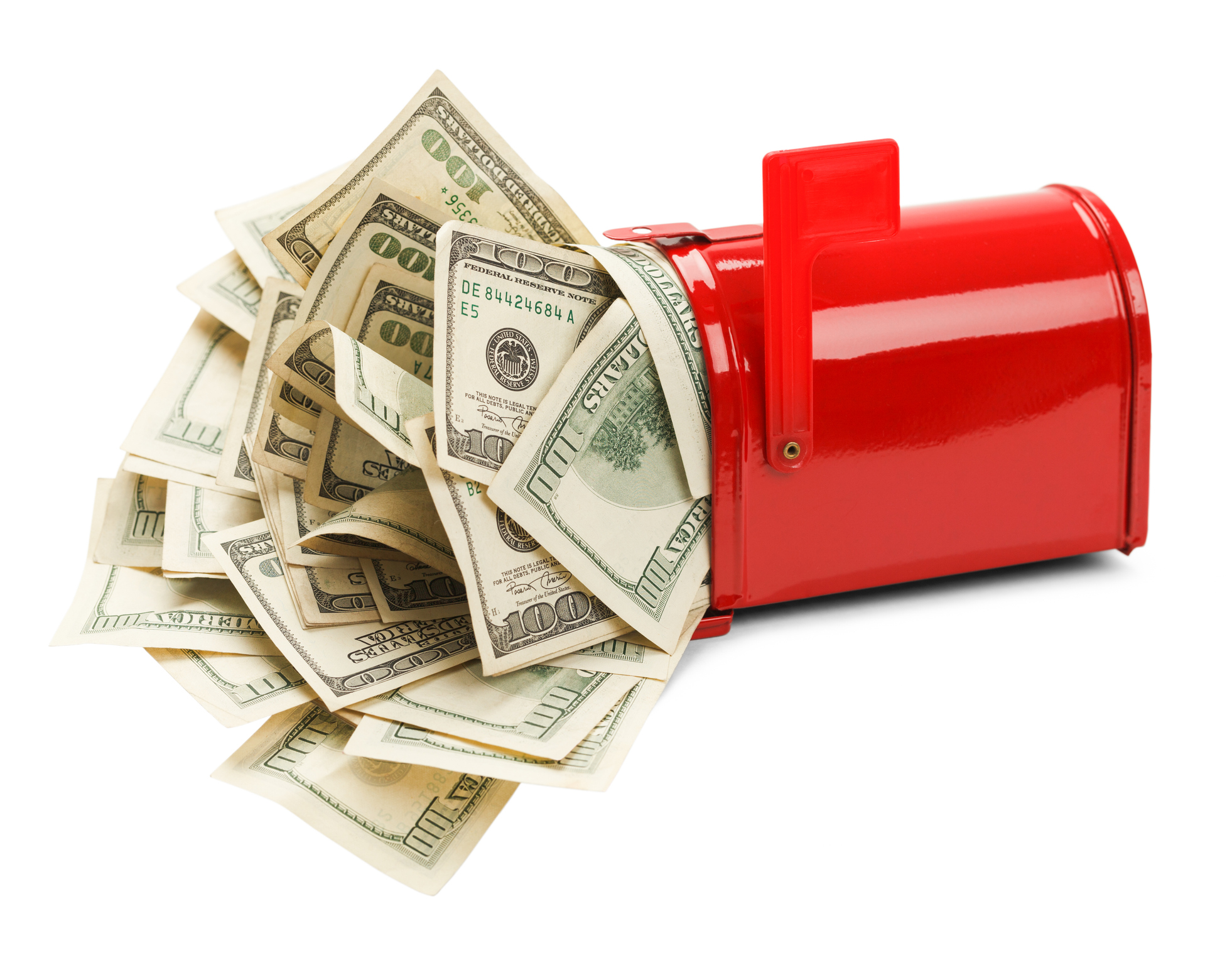 Red Mail Box with Money Pouring Out Isolated on White Background.
