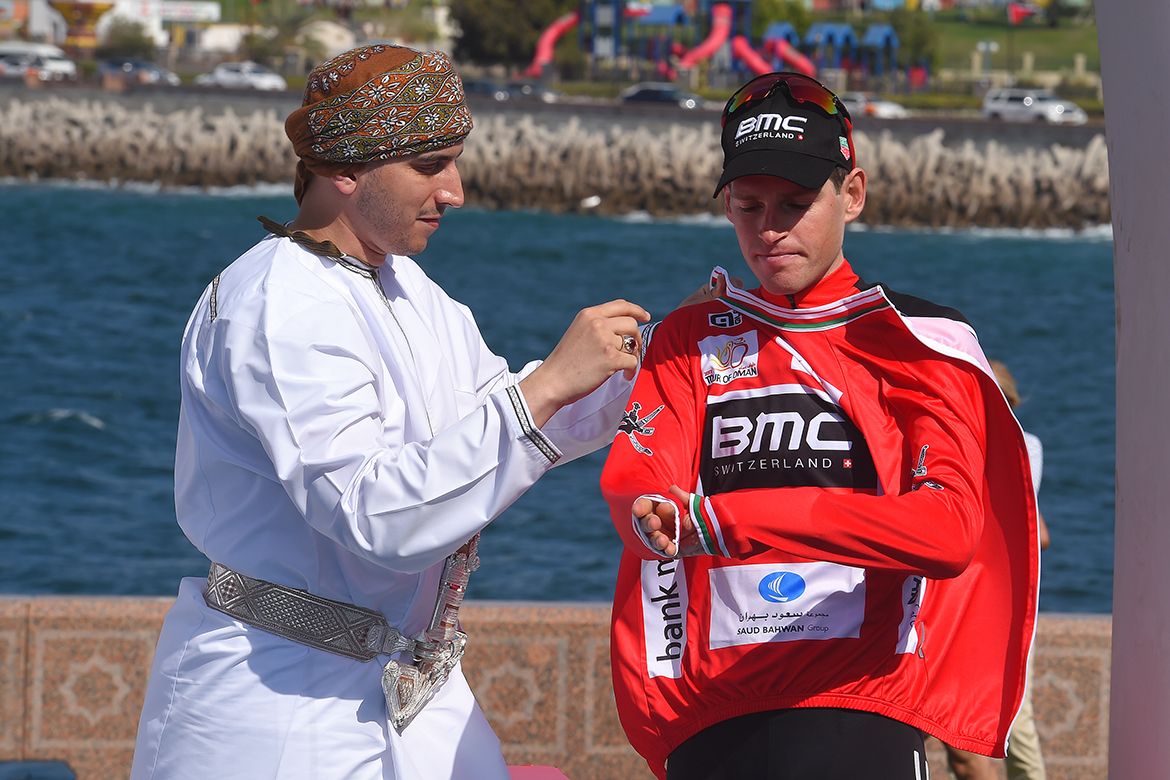 Hermans pulling on the leader's jersey