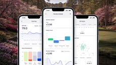 Three smartphones seen on different pages of the Hole19 app