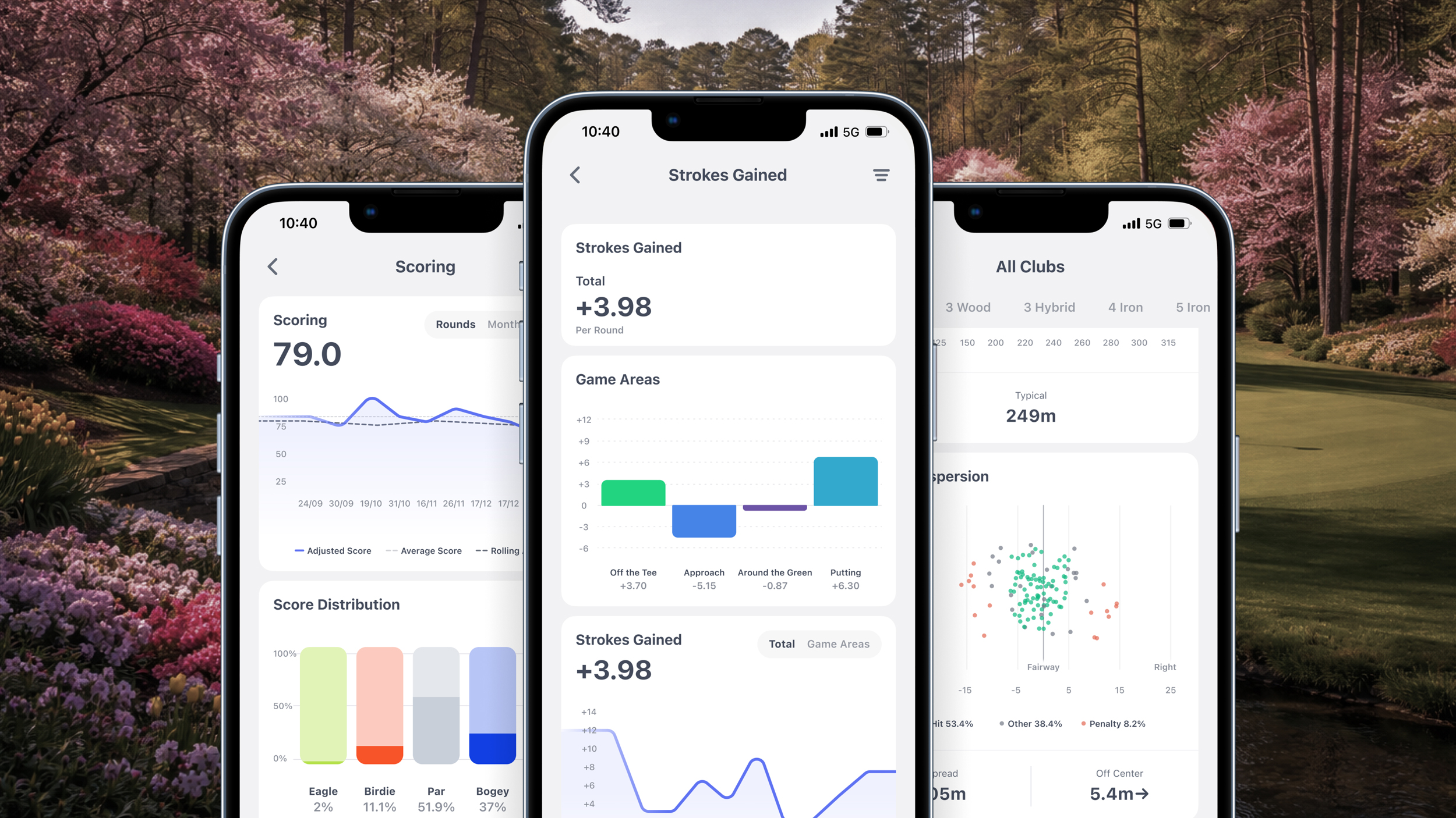 Three smartphones seen on different pages of the Hole19 app