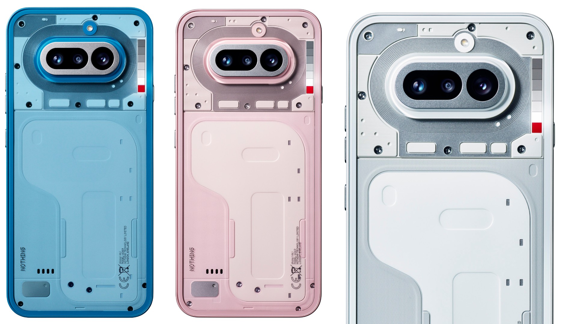 A flat lay shows three Nothing Phone (4a) devices in blue, pink, and white, showcasing their transparent rear panels and horizontal dual-camera setups.
