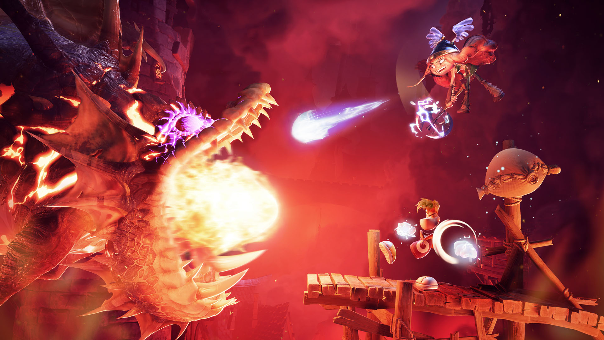 Rayman and Barbara shoot energy at a dragon in Rayman Legends Retold who is shooting fire