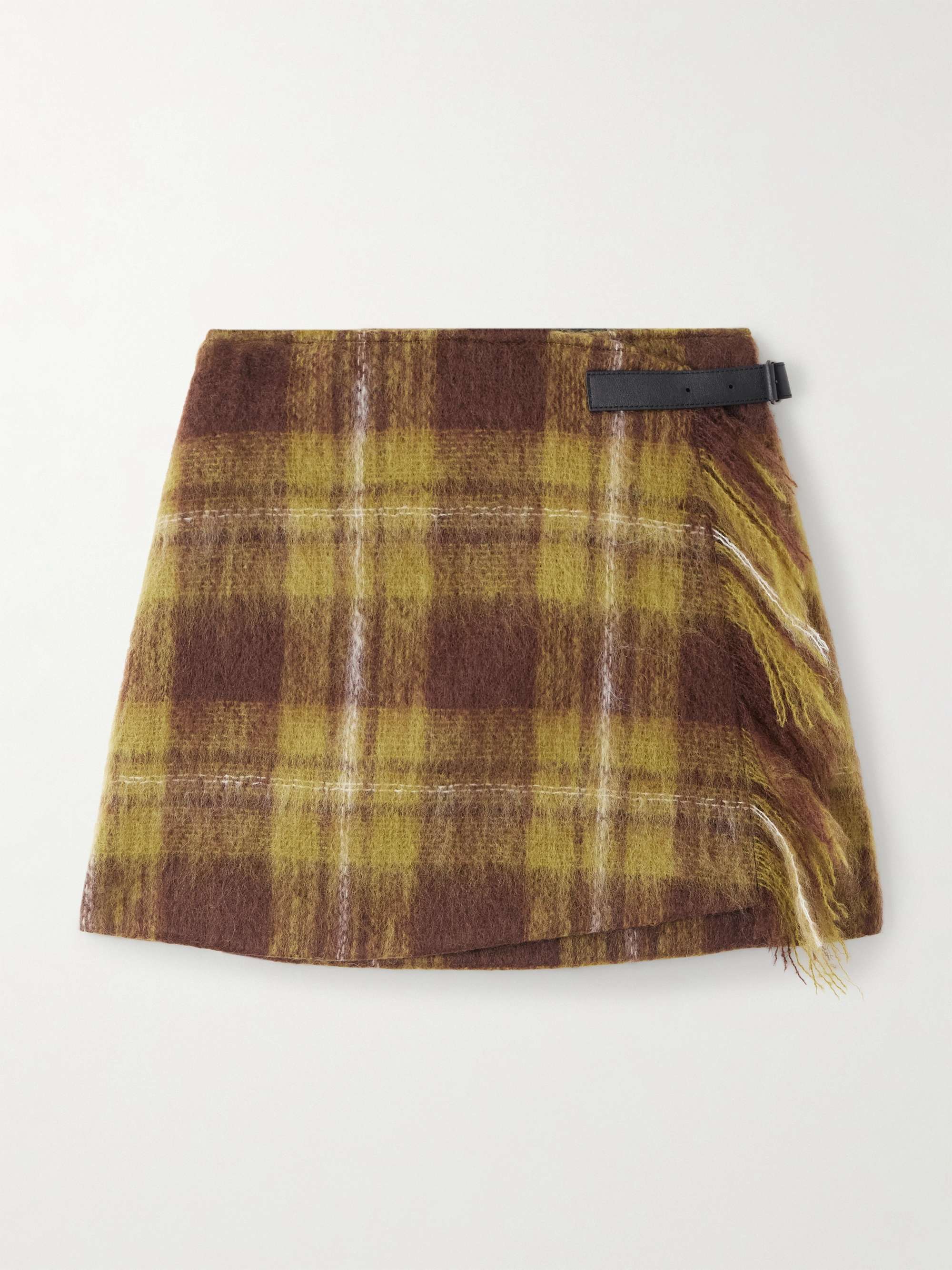 Leather-Trimmed Checked Mohair and Wool-Blend Mini Wrap Skirt