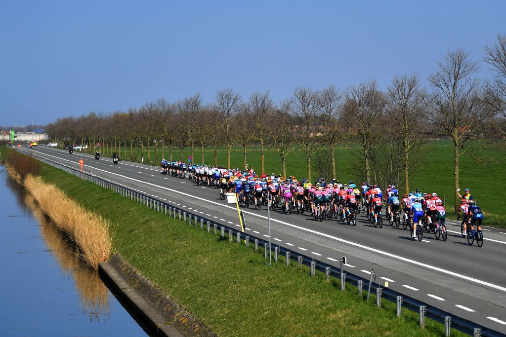 DE PANNE BELGIUM MARCH 23 A general view of the peloton compete in a highway during the 46th Minerva Classic Brugge De Panne 2022 a 2079km stage from Brugge to De Panne MinervaClassic on March 23 2022 in De Panne Belgium Photo by Luc ClaessenGetty Images