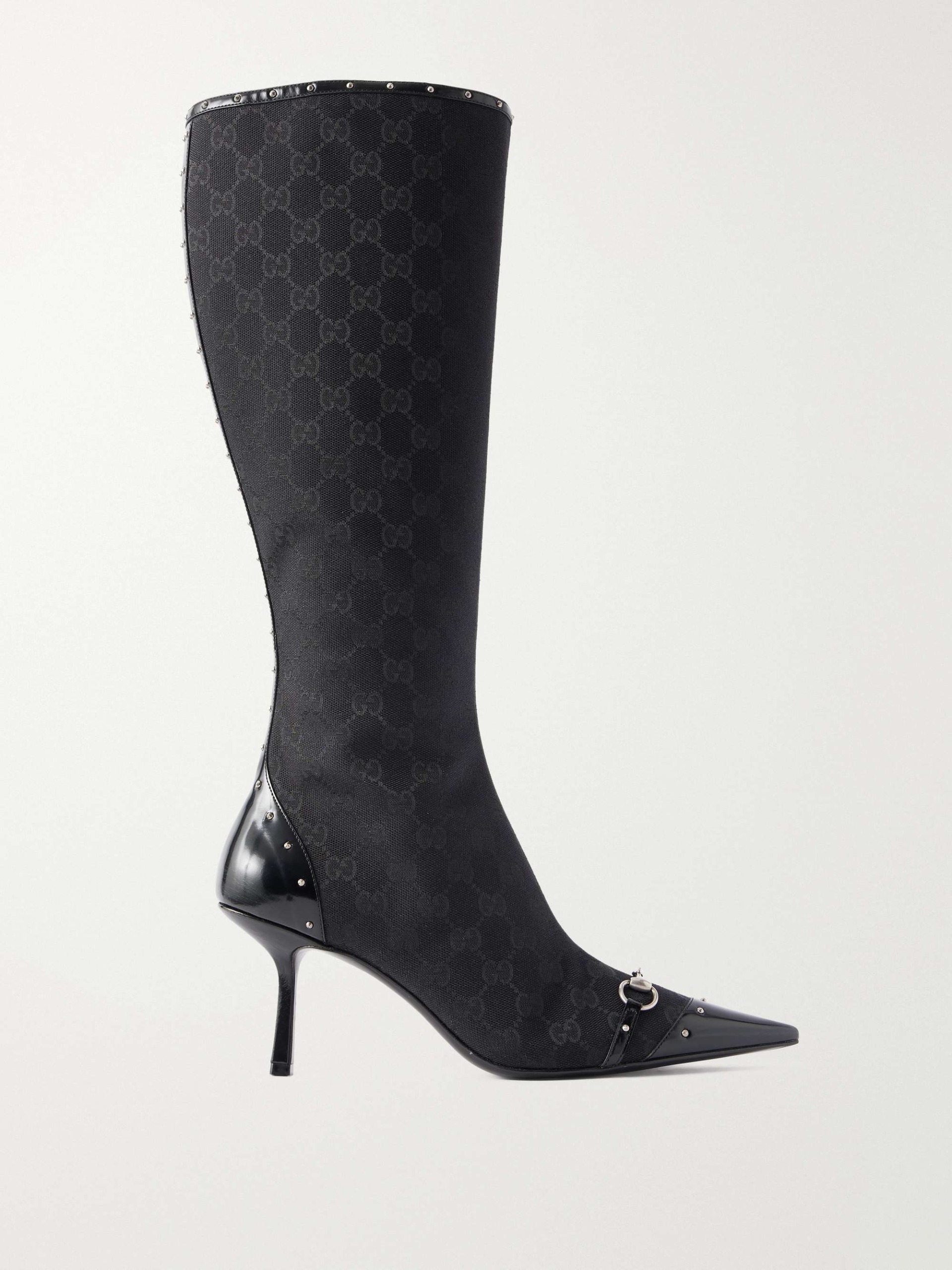 Savoy Horsebit-Embellished Leather-Trimmed Canvas-Jacquard Knee Boots