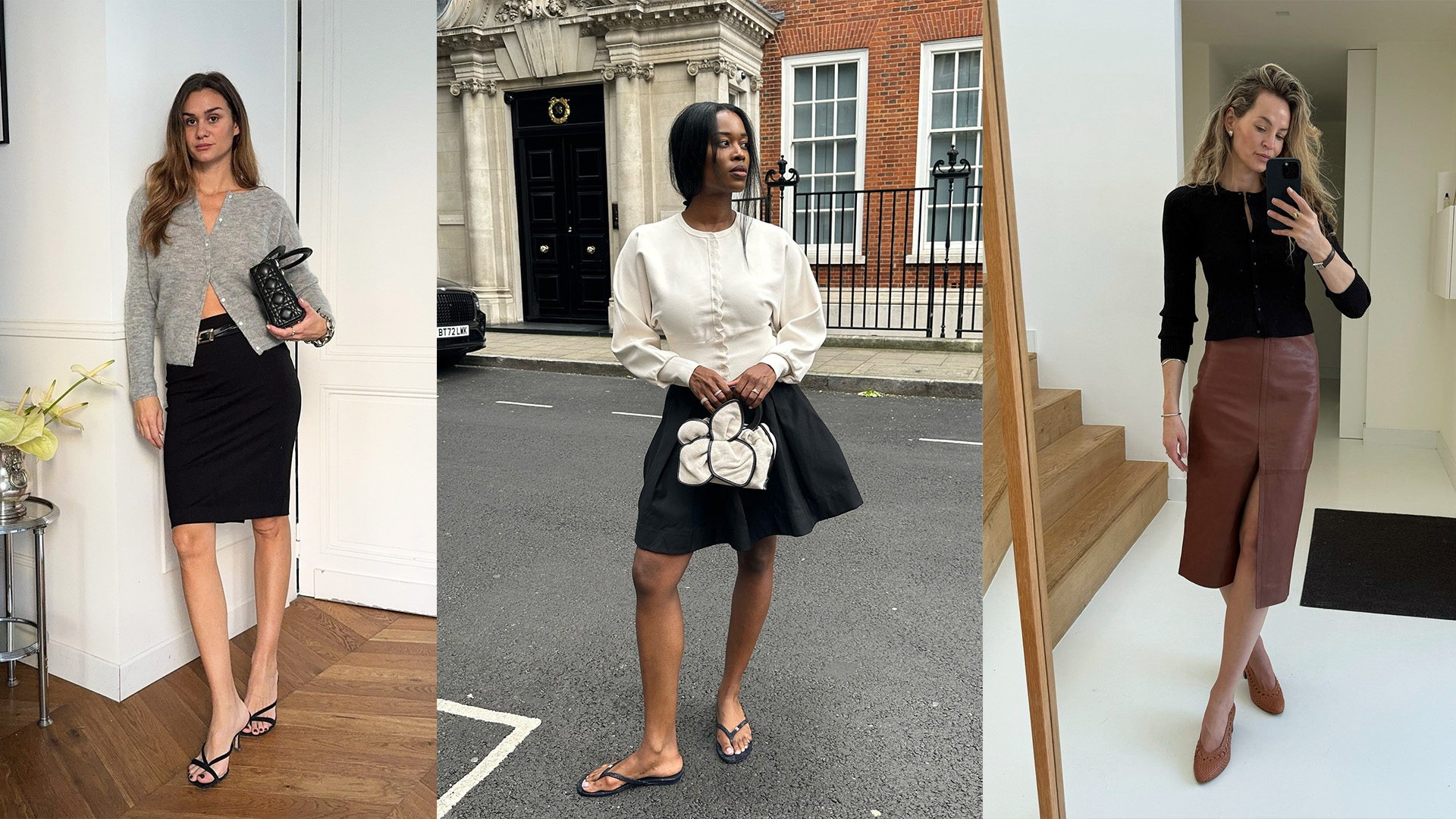 Fashion influencers wearing cardigans with skirts.