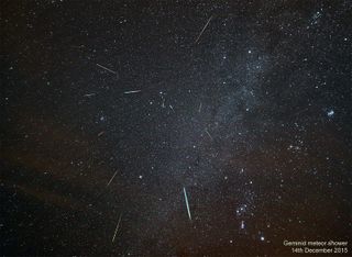 Astrophotographer Kevin Lewis produced this composite image of the Geminid meteors using exposures taken on the island of Anglesey, off the northwest coast of Wales, on Dec. 14, 2015.