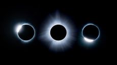 Composite view showing three images of the phases of a solar eclipse next to one another: totality is seen in the middle and the diamond ring stages on either side. 