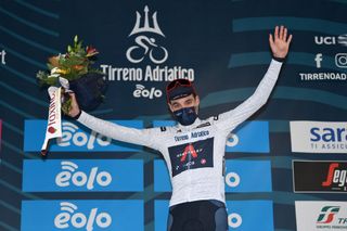 CHIUSDINO ITALY MARCH 11 Podium Pavel Sivakov of Russia and Team INEOS Grenadiers White Best Young Rider Jersey Celebration during the 56th TirrenoAdriatico 2021 Stage 2 a 202km stage from Camaiore to Chiusdino 522m Mask Covid Safety Measures TirrenoAdriatico on March 11 2021 in Chiusdino Italy Photo by Tim de WaeleGetty Images