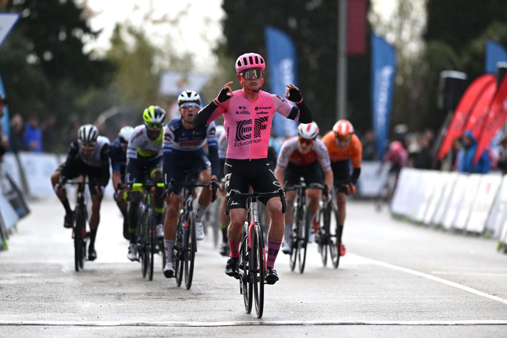 ALCUDIA SPAIN JANUARY 26 Marijn van den Berg of The Netherlands and Team EFEasyPost celebrates at finish line as race winner during the 32nd Challenge Ciclista Mallorca 2023 Trofeo Ses Salines Alcdia a 1586km one day race from Ses Salines to Por DAlcdia ChallengeMallorca on January 26 2023 in Alcudia Spain Photo by Dario BelingheriGetty Images
