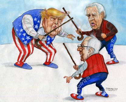 Political Cartoon U.S. Trump Joe Biden Bernie Sanders 2020 election presidential nominees fighting