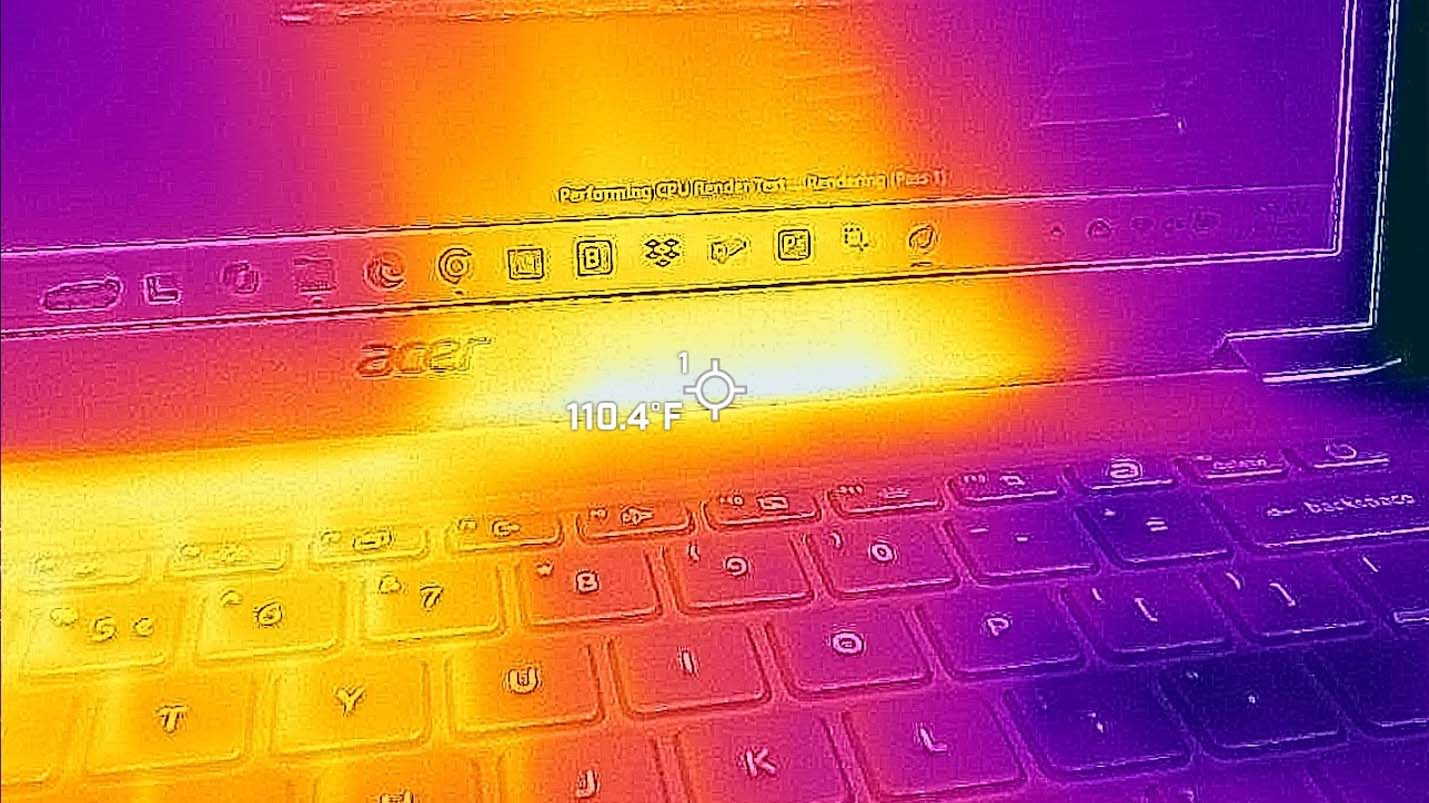 Picture taken with a thermal camera that focuses on the area above the Acer Aspire 14 AI's keyboard.