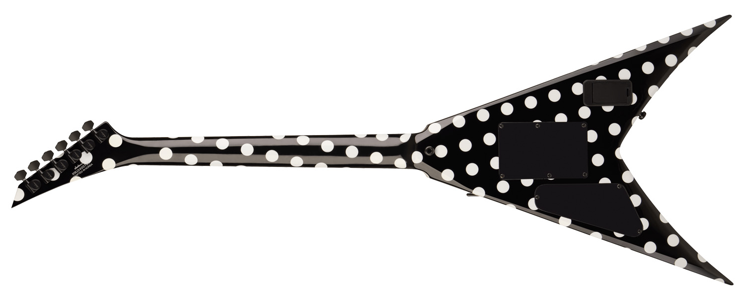 Jackson Pro Series Limited Edition Phil Demmel KV King V: the V-style electric is finished in black-and-white polka dots, and looks good in all settings, against a white background or barroom scene alike.