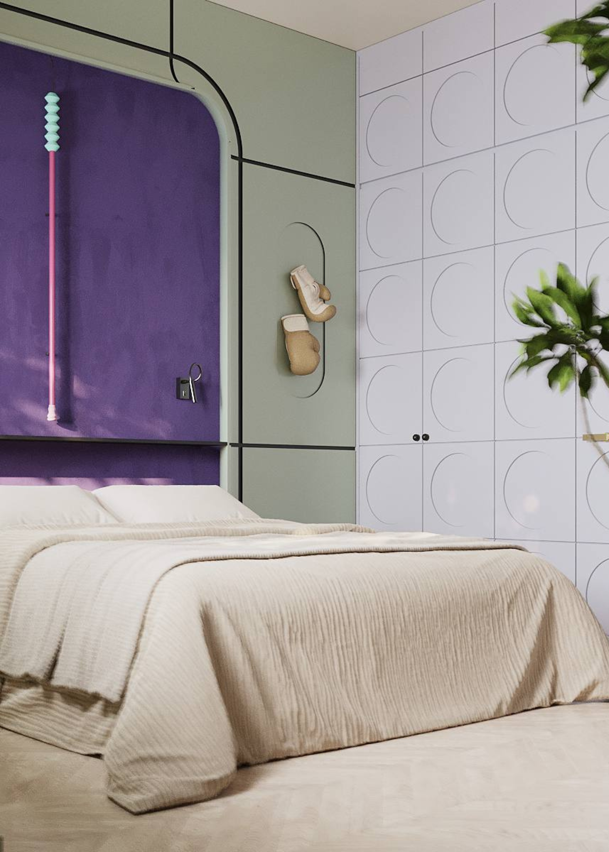 A lavender, purple and mint green bedroom with a neutral bedscape