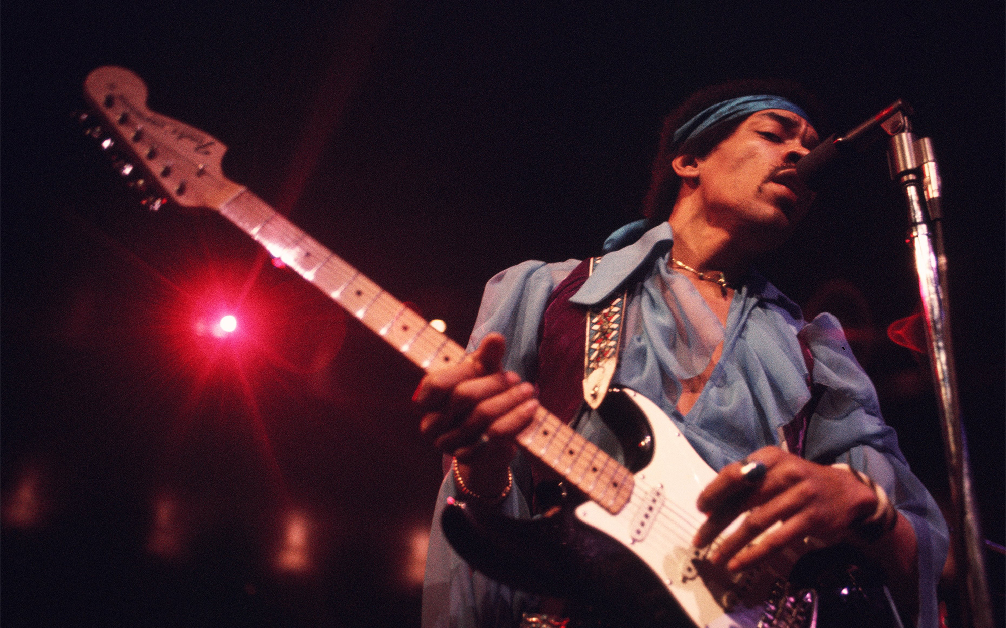 Jimi Hendrix (1942 - 1970) performing at Madison Square Garden, New York City, 18th May 1969.