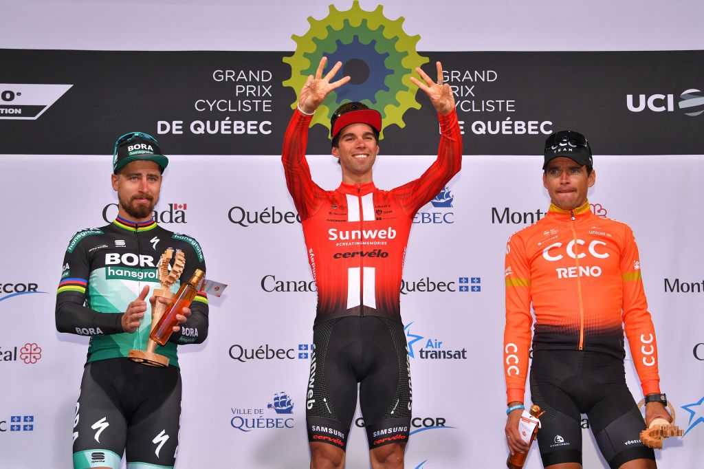 Sunweb&#039;s Michael Matthews celebrates winning the 2019 Grand Prix Cycliste de Québec – his third Canadian WorldTour victory after wins at Quebec in 2018 and in Montreal the same year – ahead of Peter Sagan (Bora-Hansgrohe) and Greg Van Avermaet (CCC Team)