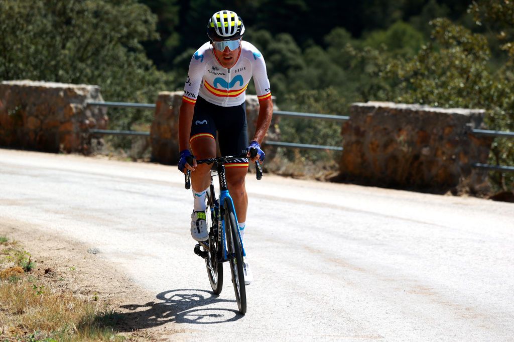 PRADOLUENGO ACEBELVIZCARRA SPAIN AUGUST 18 Oier Lazkano Lopez of Spain and Movistar Team attacks during the 45th Vuelta a Burgos 2023 Stage 4 a 157km stage from Santa Gadea del Cid to Pradoluengo AcebelVizcarra 1058m on August 18 2023 in Pradoluengo AcebelVizcarra Spain Photo by Gonzalo Arroyo MorenoGetty Images