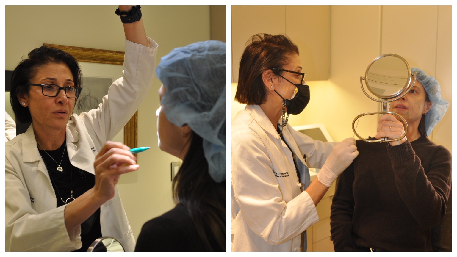 two photos side by side of a female plastic surgeon administering Renuva to a white woman with brown hair