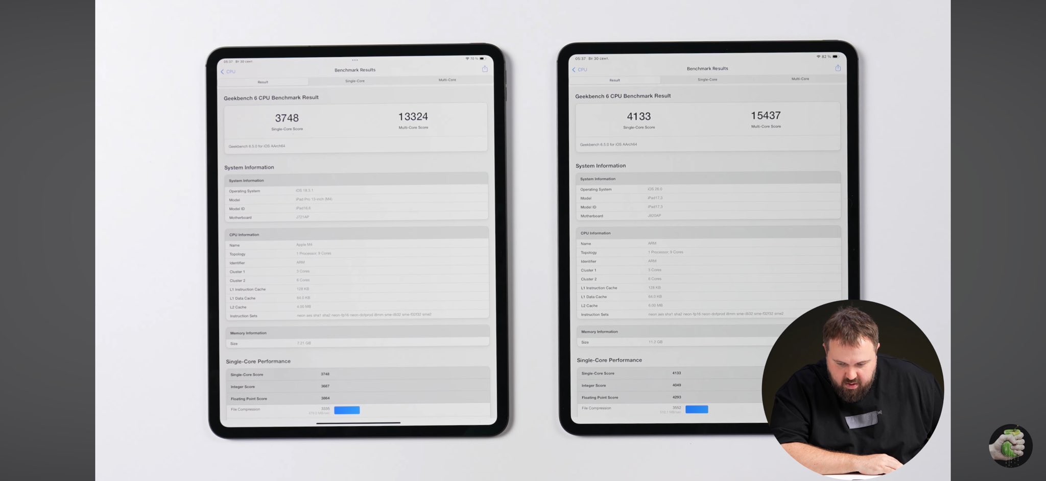 Leaked benchmarks for the M5 iPad Pro versus the M4 iPad Pro from YouTuber Wylacom