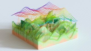 A CGI image of an isometric bar graph representing sustainability, formed of 3D green bars, beige bars, and with a rainbow-colored scatter plot graph above.