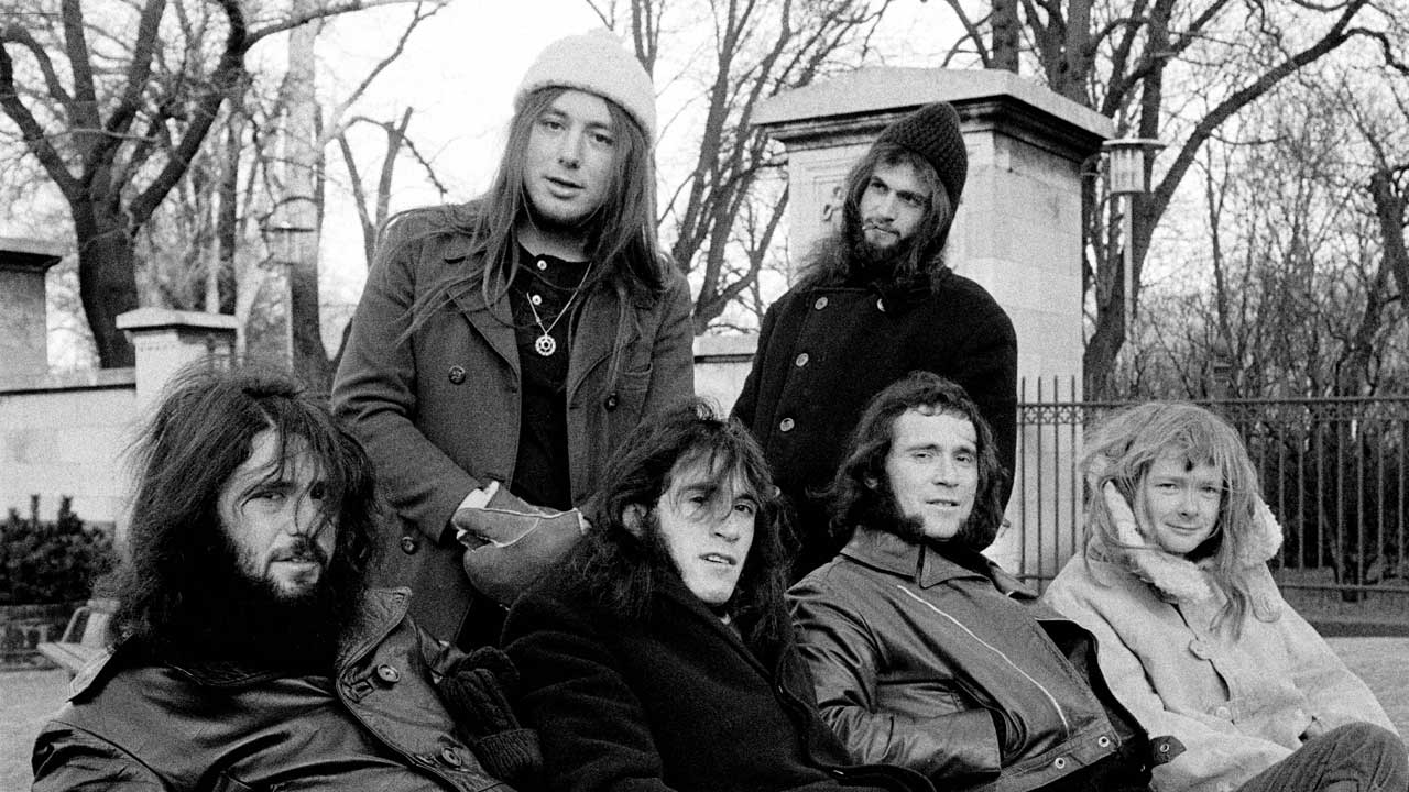 Gentle Giant on a park bench, 1972