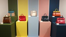 A row of Hermès Birkin bags on display