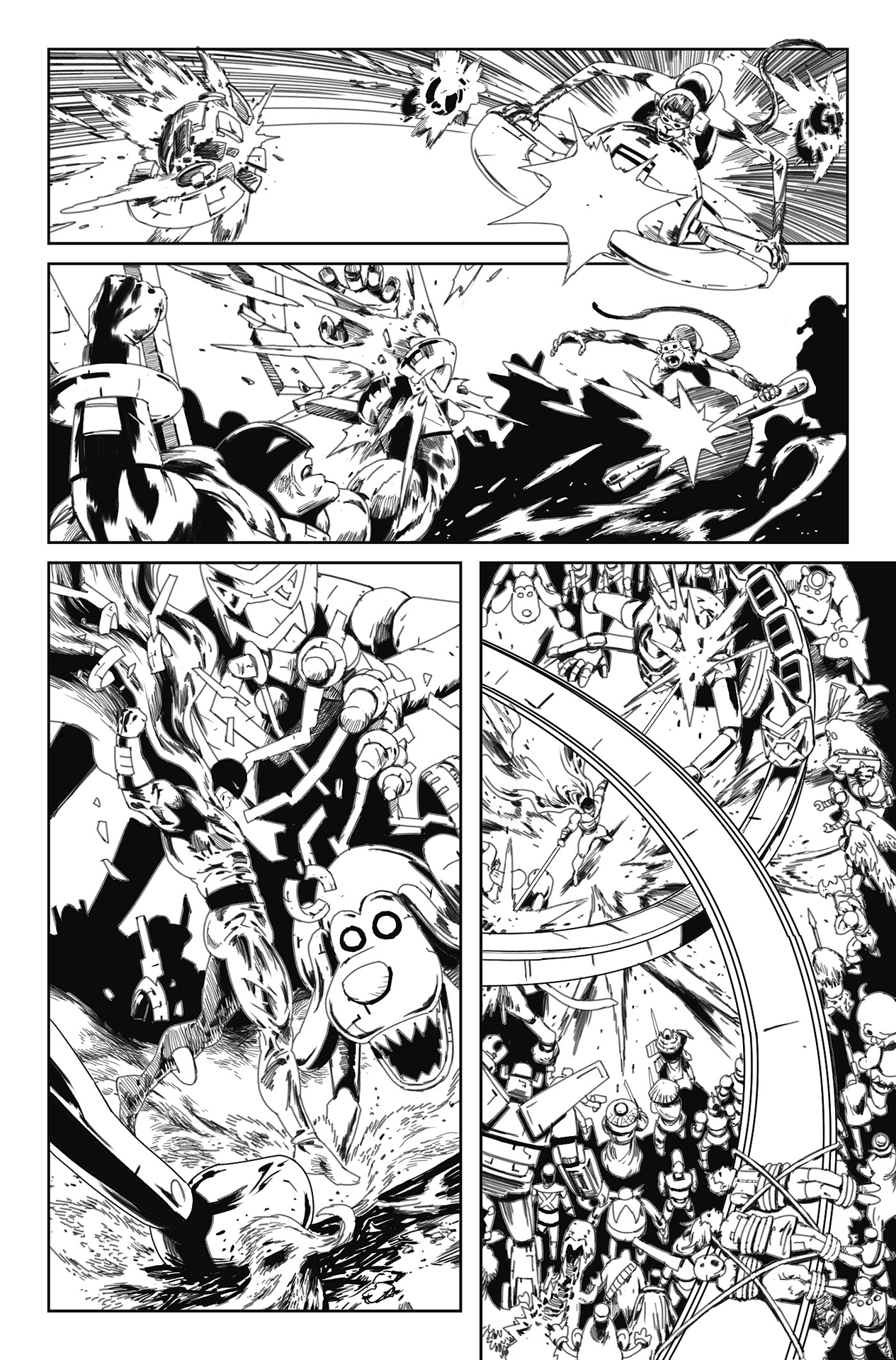 Space Ghost breaking free of the Toymaker&#039;s trap as the villain&#039;s robot toys attack him