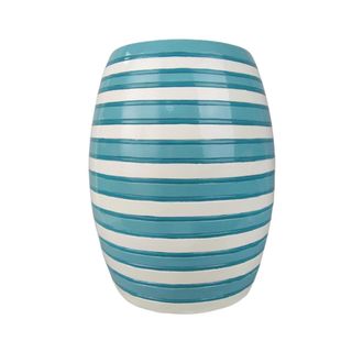 A blue and white striped outdoor stool
