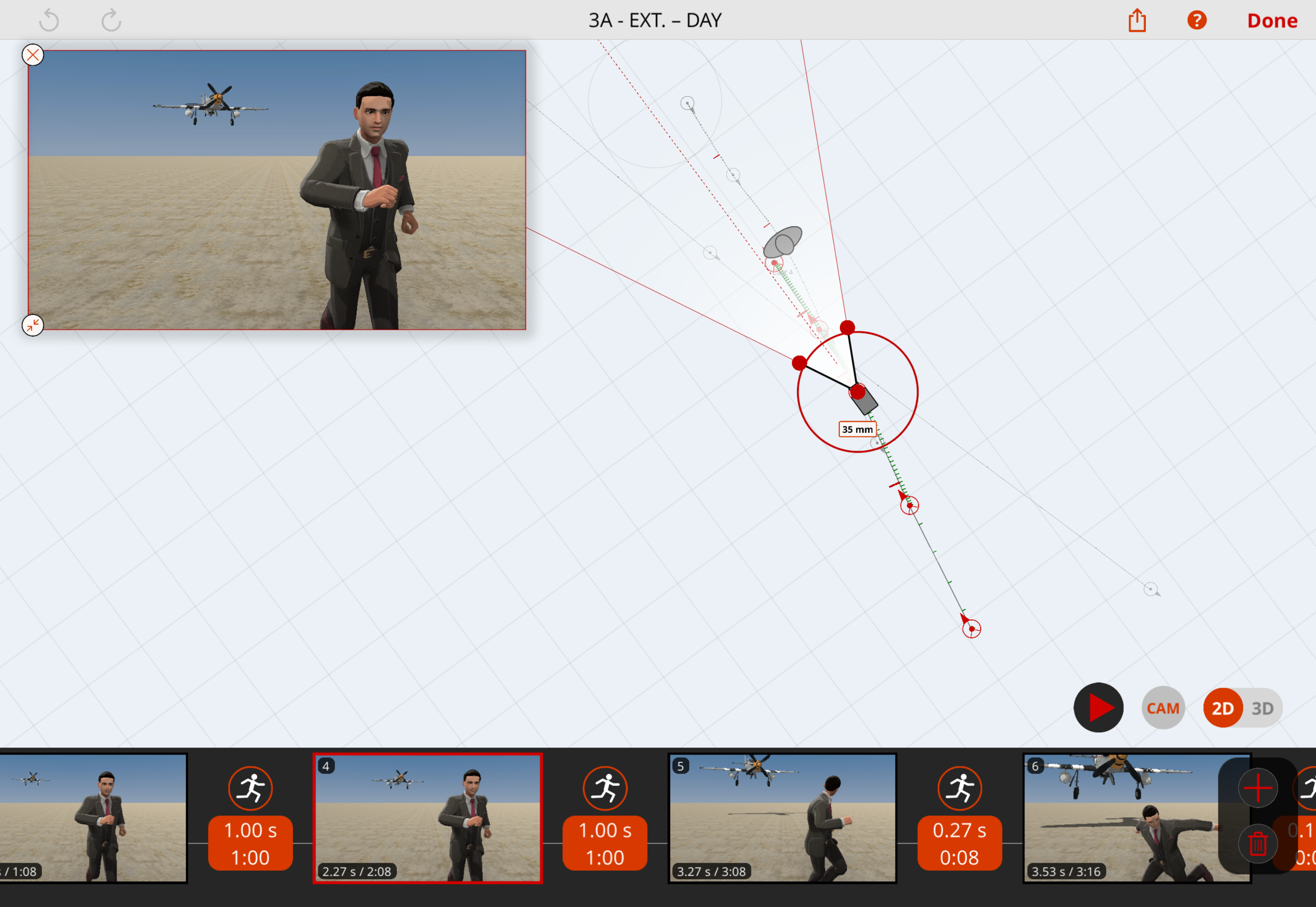 Examples of digital storyboarding in Previs Pro 3, taking heavy inspiration from the Hitchcock film 'North by Northwest'