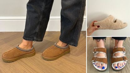 Three images of Caroline Parr, Molly Smith, Antonia Kraskowski testing the best slippers 