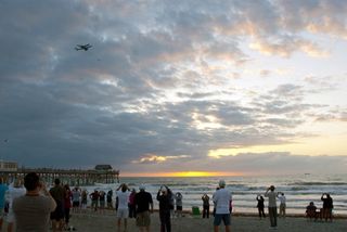 Shuttle Carrier Aircraft and Discovery Flying Past Florida Beaches