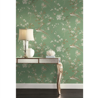 Sage green bird motif wallpaper from Wayfair.