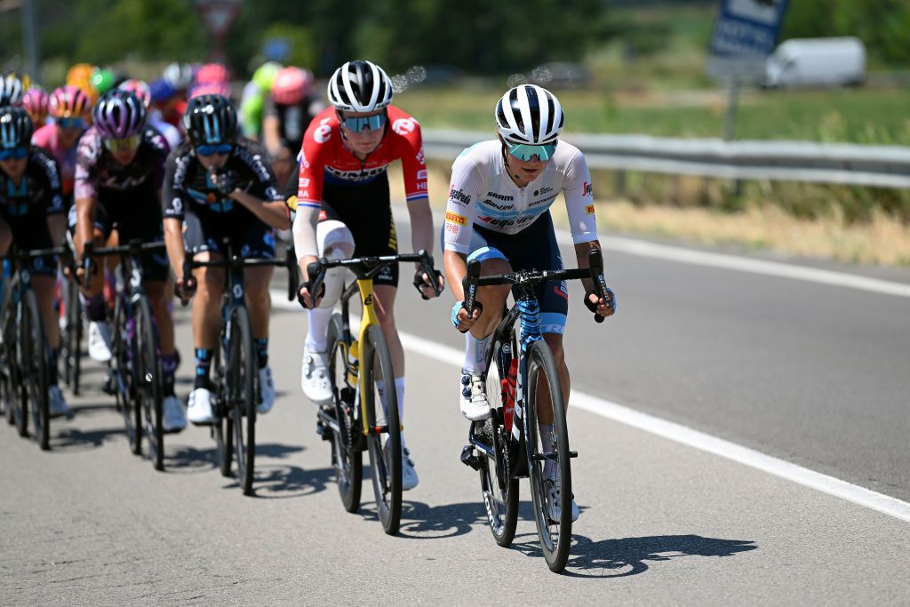 REGGIO EMILIA ITALY JULY 05 Leah Thomas of United States and Team Trek Segafredo leads the peloton during the 33rd Giro dItalia Donne 2022 Stage 5 a 1261km stage from Carpi to Reggio Emilia GiroDonne UCIWWT on July 05 2022 in Reggio Emilia Italy Photo by Dario BelingheriGetty Images