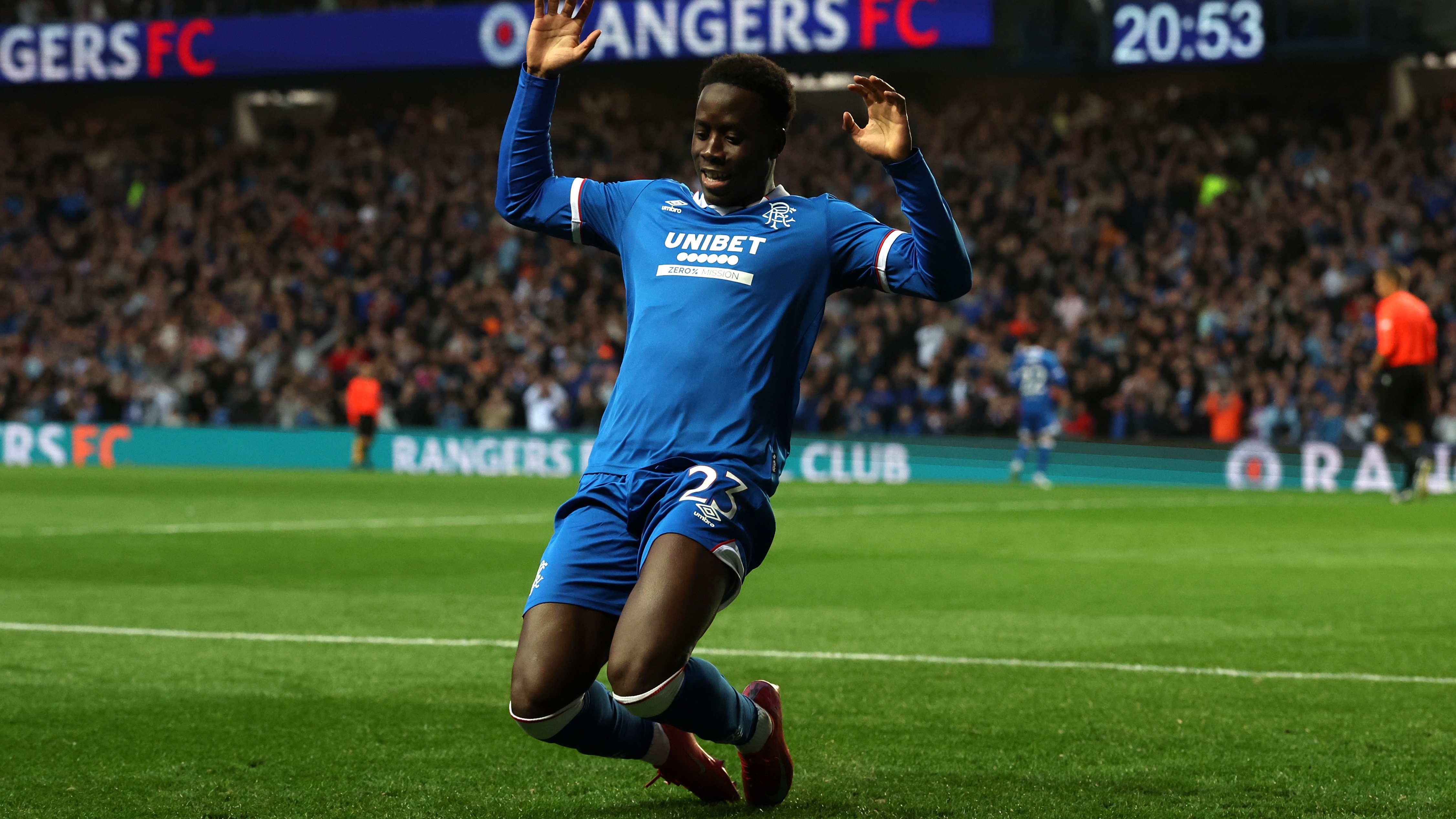 Djeidi Gassama of Rangers celebrates scoring his team&#039;s third goal during the UEFA Champions League Third Qualifying Round First Leg match between Rangers and Viktoria Plzen at Ibrox Stadium on August 05, 2025 in Glasgow, Scotland. 