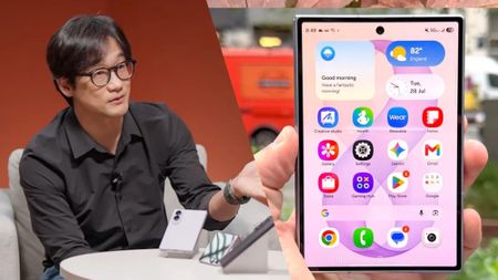 Samsung executive vice president Jay Kim on the left and a Samsung Galaxy Z Fold 8 in hand on the right