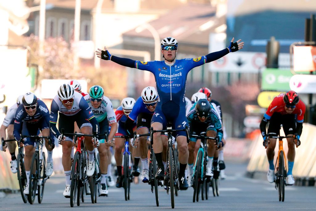 SAINTCYRLECOLE FRANCE MARCH 07 Arrival Sam Bennett of Ireland and Team Deceuninck QuickStep Celebration Arnaud Demare of France and Team Groupama FDJ Mads Pedersen of Denmark and Team Trek Segafredo during the 79th Paris Nice 2021 Stage 1 a 166km stage from SaintCyrlEcole to SaintCyrlEcole ParisNice on March 07 2021 in SaintCyrlEcole France Photo by Bas CzerwinskiGetty Images