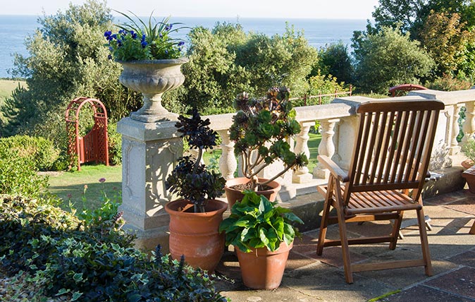 Pots on a terrace at The Shute, Ventnor, Isle of Wight