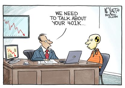 Political cartoon U.S. crash dummy 401k stock market trade war