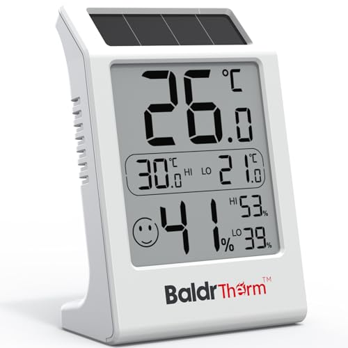Baldrtherm Room Thermometer Indoor Humidity Meter, Solar-Powered 3.2&#039;&#039; Large Digital Temperature Sensor Monitor With Max/min Reading for Baby Room, Home, Office, White, 1pack