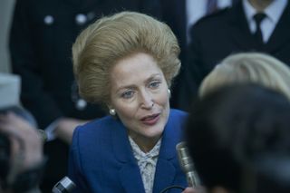 Gillian Anderson as Prime Minister Margaret Thatcher in The Crown.