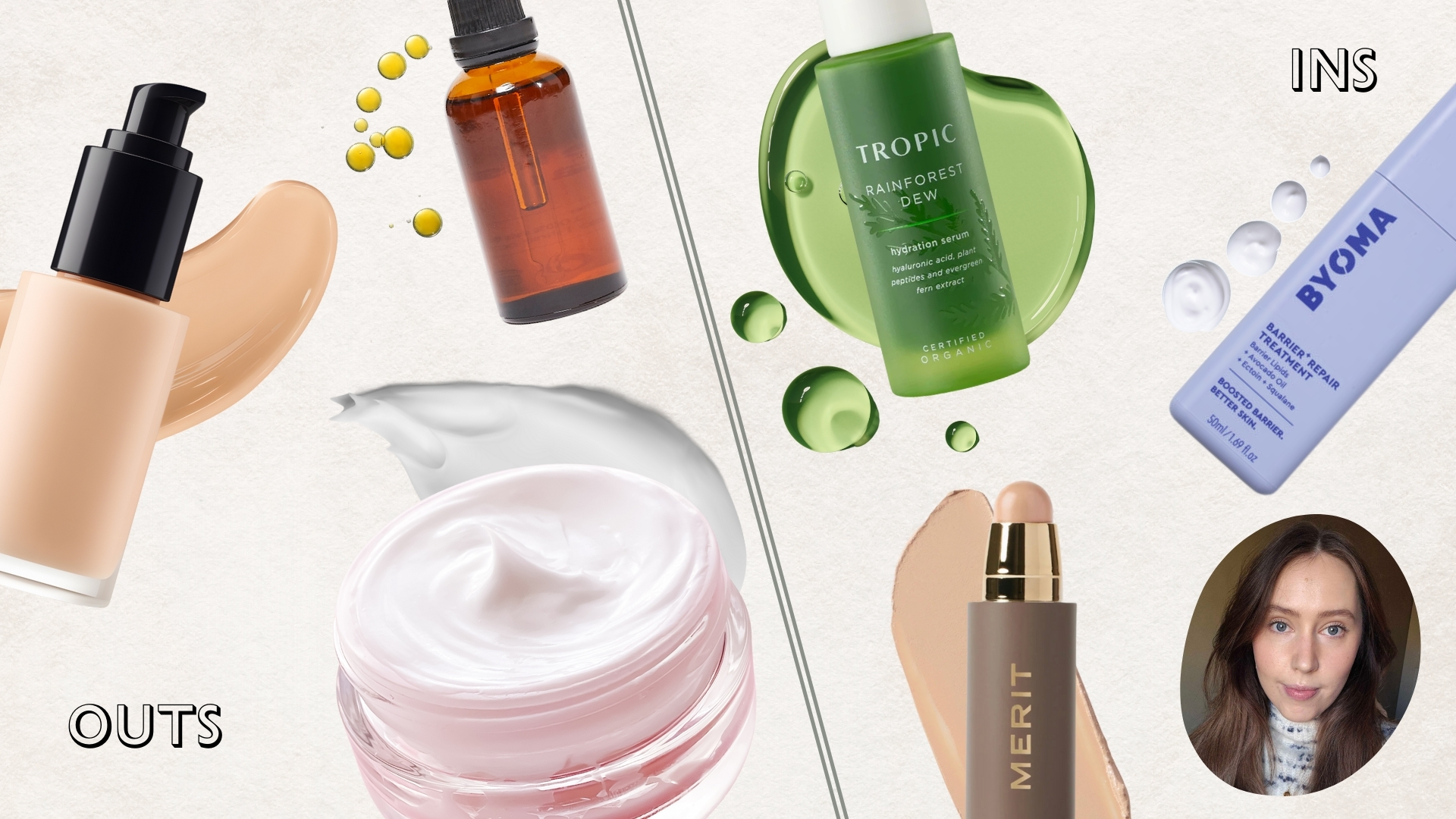 Collage of Naomi Jamieson's beauty ins and outs for 2026. On the left, Naomi's outs include potent ingredients, liquid foundations and glowy fragranced moisturisers. On the left, Naomi's ins include complexion sticks, hydrating serums and barrier repair creams.