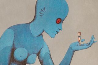 a giant blue humanoid alien holds a human child in its hand