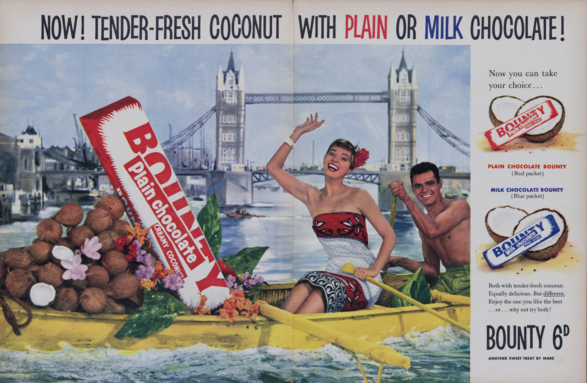 Advertisement for the Bounty chocolate bar with the caption 'Now! Tender-fresh coconut with plain or milk chocolate!'. form 1956